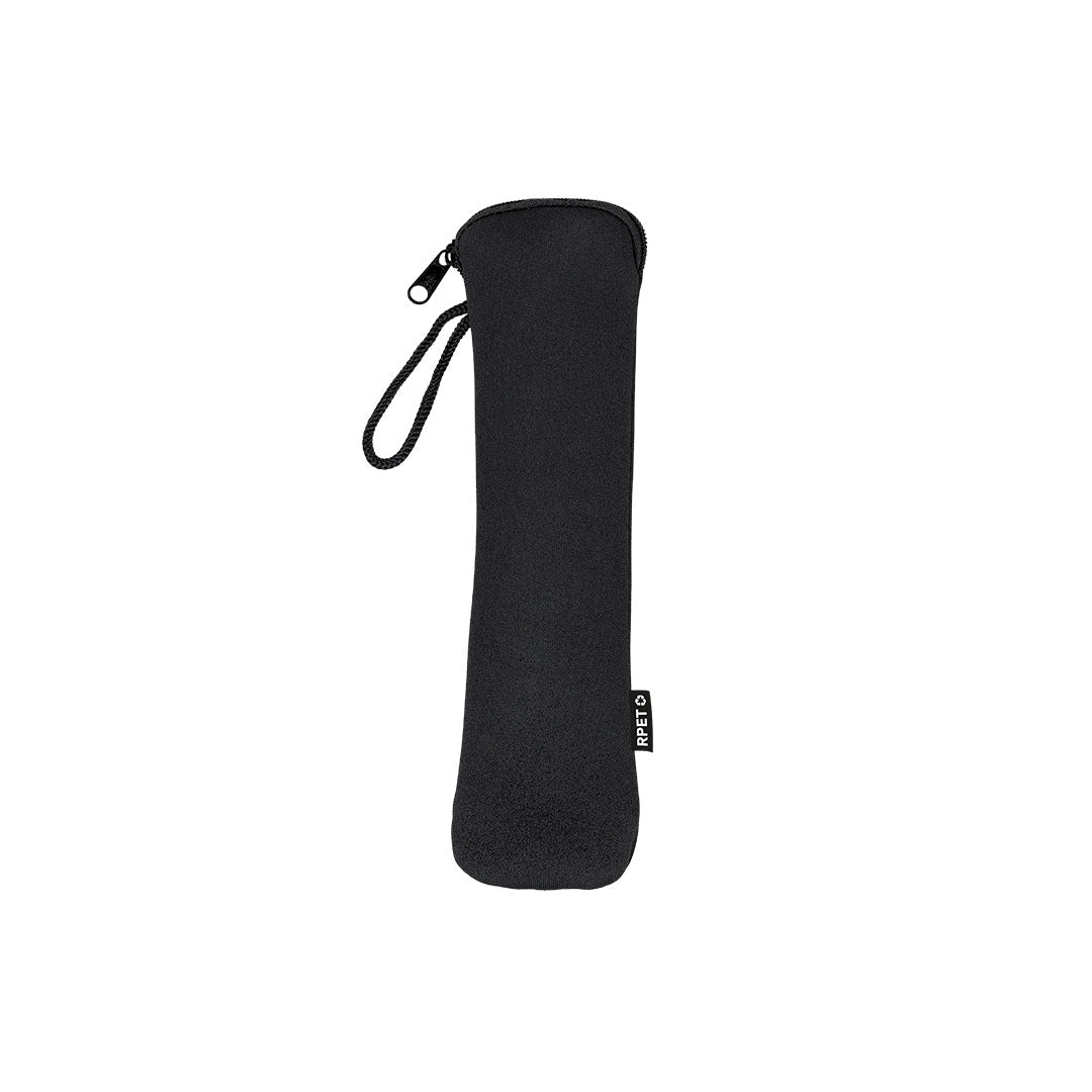 Étui zippé en RPET recyclé noir avec cordon et étiquette RPET – set de couverts réutilisables Sinix vue de dos